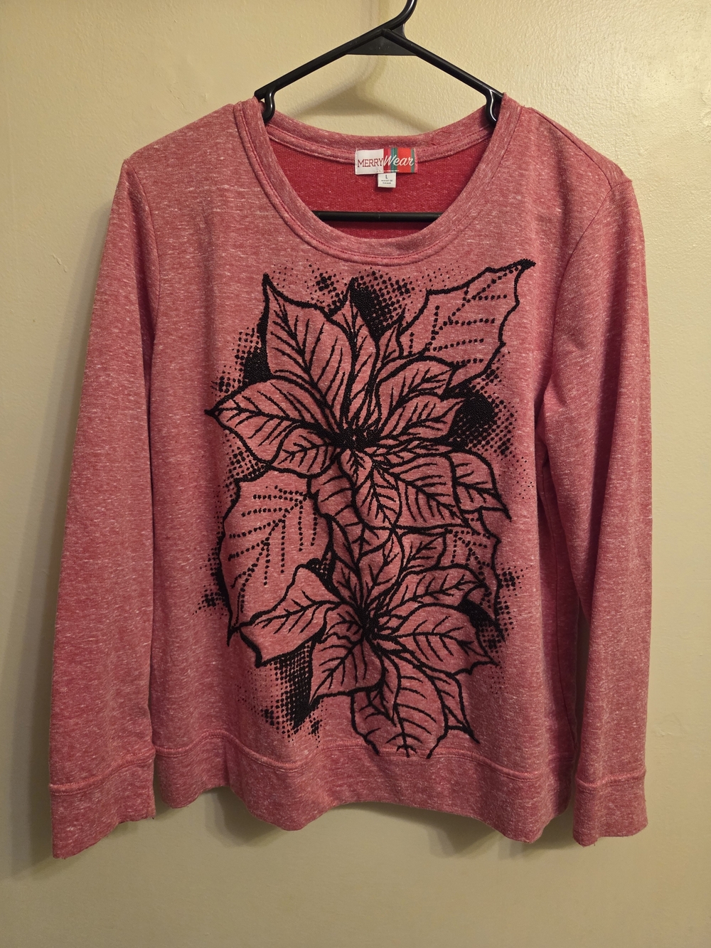 MerryWear Christmas Poinsettia Beaded Sweatshirt Womens L Red Heathered Fleece